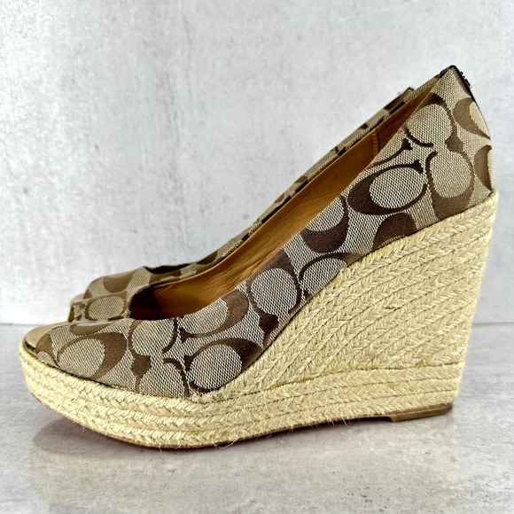 Coach Milan Platform Women's 10 B Brown Wedge Heel Peep Toe Signature Logo - Picture 1 of 10